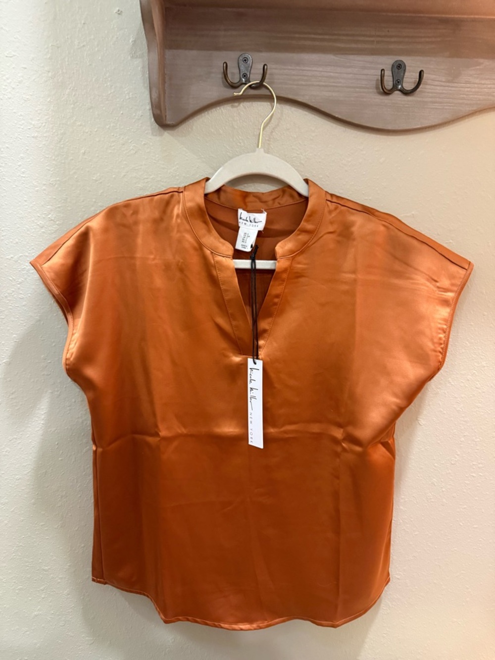 Nicole Miller Burnt Orange Satin Cap-Sleeve V-Notch Blouse